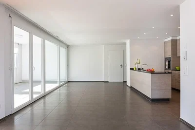 Küche; blick, fliesenboden, tageslicht, moderner stil