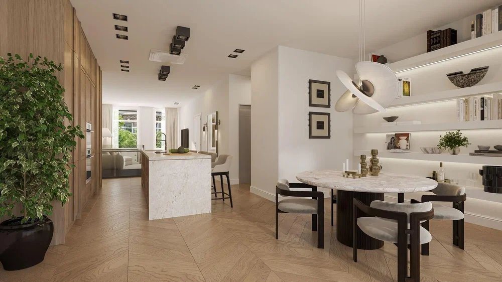 Cuisine; lumière naturelle, style moderne, parquet