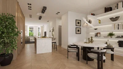 Cuisine; lumière naturelle, style moderne, parquet