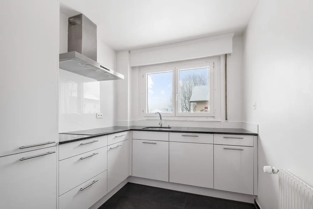 Kitchen; kitchen appliances, natural light, modern style, tile floor