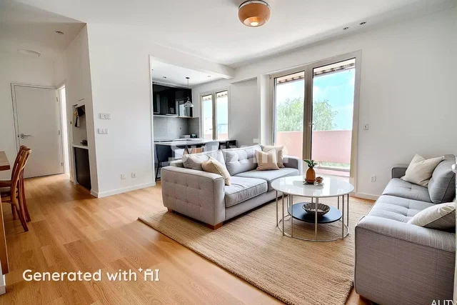 Living room; view, wood floor, natural light, modern style