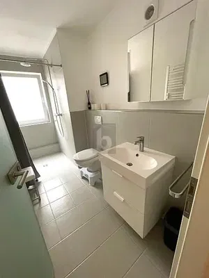 Badkamer; tegelvloer, natuurlijk licht, gerenoveerd