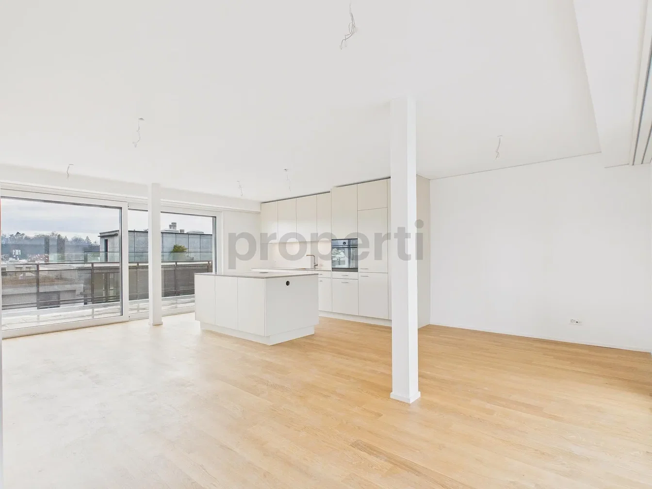 Küche; blick, holzboden, tageslicht, moderner stil