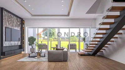 Woonkamer; uitzicht, houten vloer, natuurlijk licht, moderne stijl