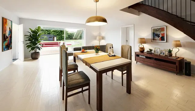 Wohnzimmer; tageslicht, holzboden, moderner stil