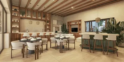 Comedor; estilo moderno, vigas de madera, luz natural