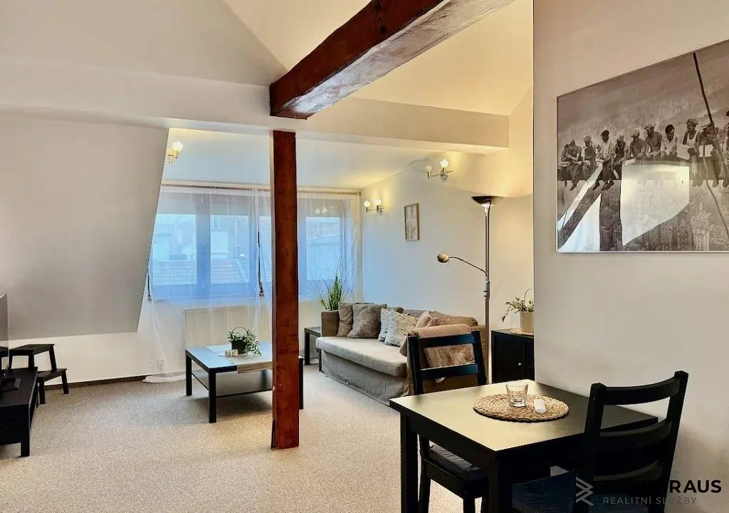 Obývací pokoj; přirozené světlo, moderní styl, dřevěné trámy