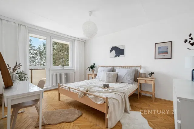 Ložnice; přirozené světlo, dřevěná podlaha, moderní styl, výhled