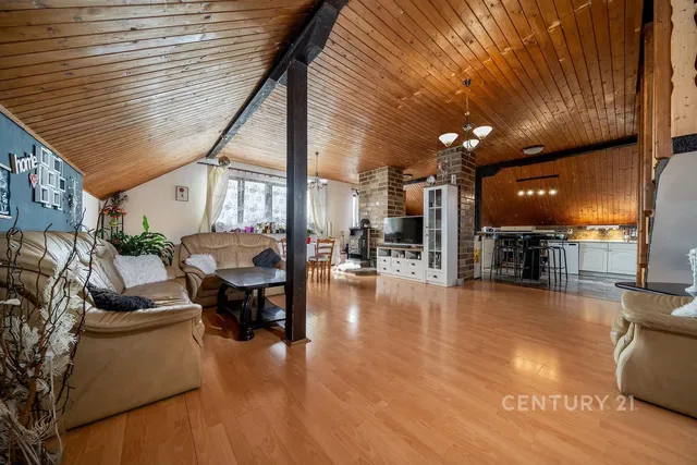 Living room; wood floor, wood beams, natural light, rustic style