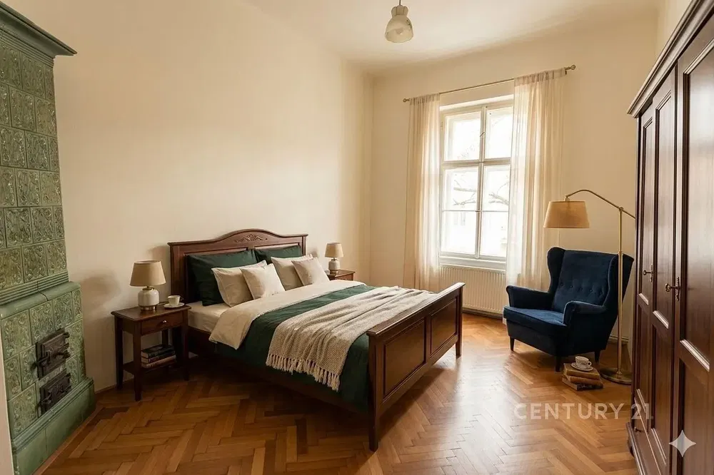 Schlafzimmer; holzboden, tageslicht, rustikaler stil, kamin