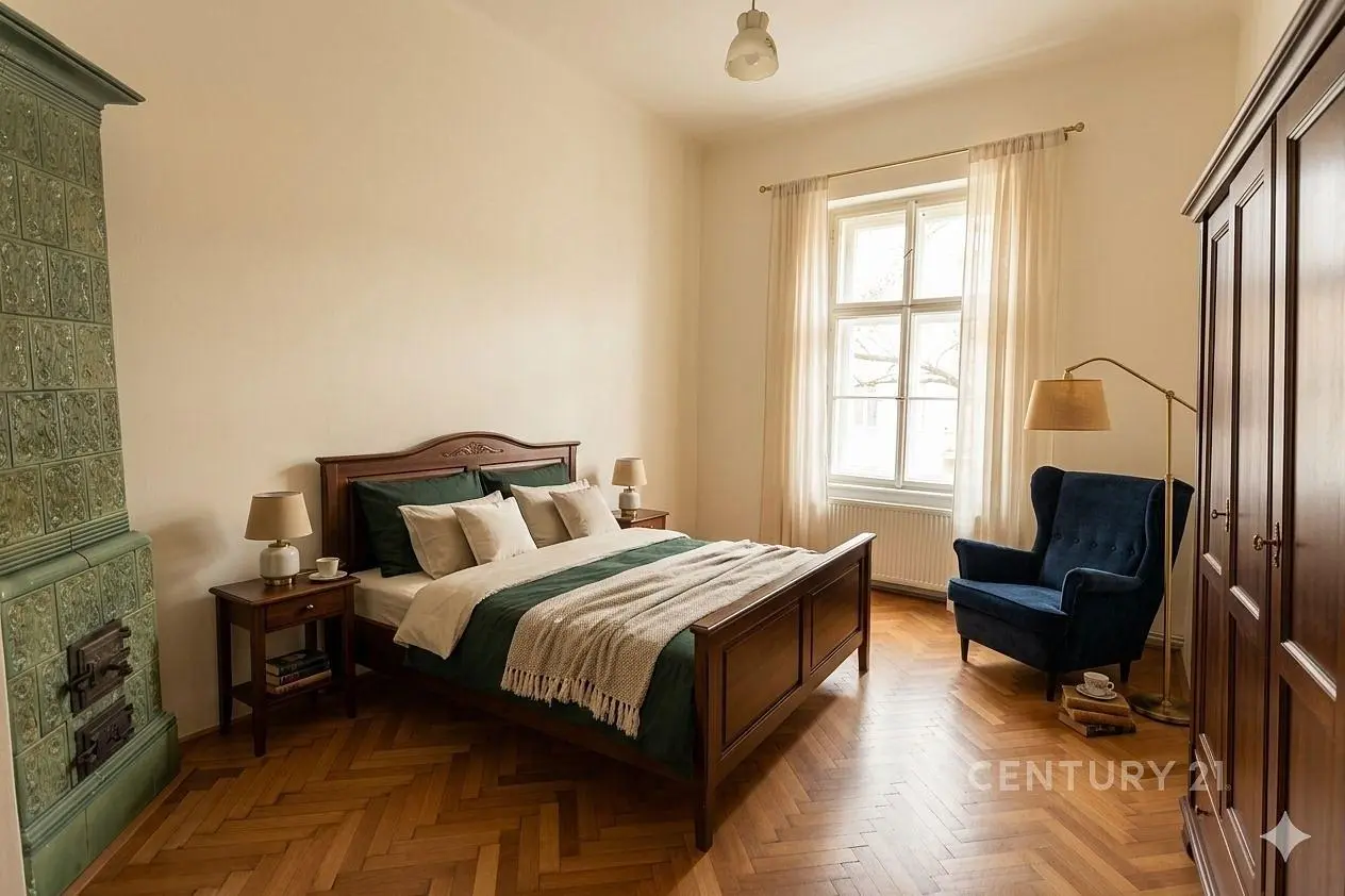 Schlafzimmer; holzboden, tageslicht, rustikaler stil, kamin