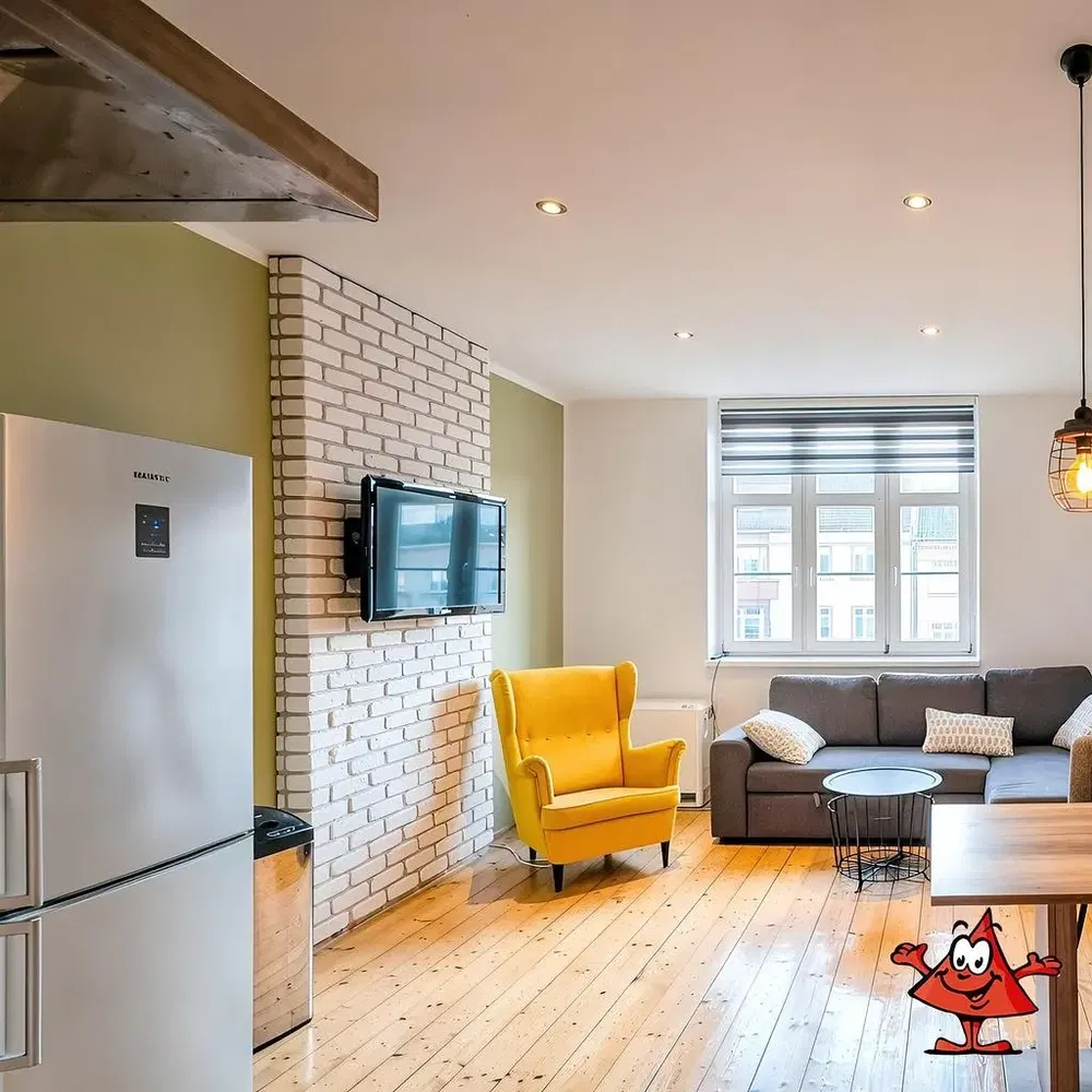 Oturma odası; mutfak aletleri, ahşap zemin, doğal ışık, modern stil