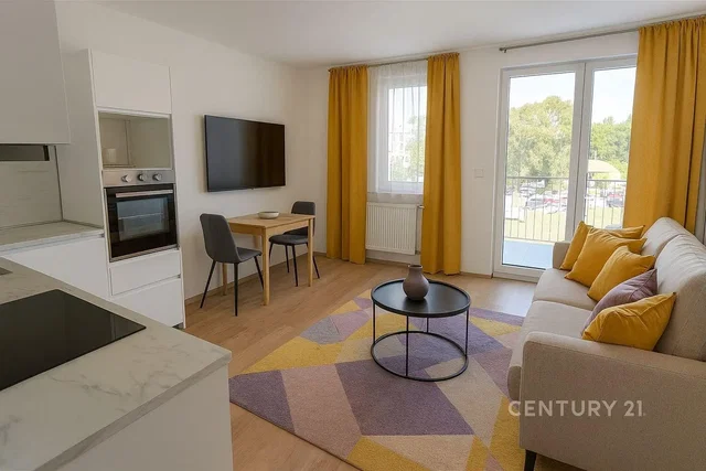 Living room; kitchen appliances, natural light, modern style, wood floor