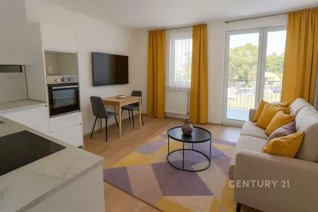 Living room; kitchen appliances, natural light, modern style, wood floor