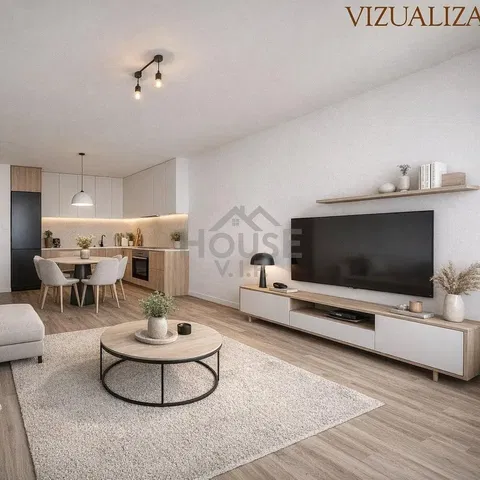 Living room; modern style, wood floor, natural light, kitchen appliances