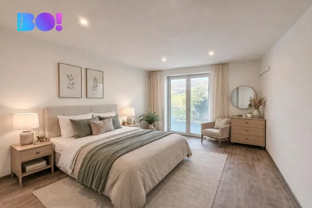 Bedroom; view, natural light, modern style, wood floor