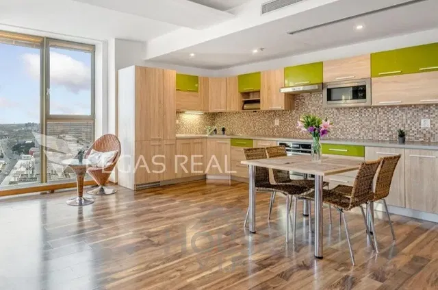 Kitchen; view, kitchen appliances, wood floor, natural light, modern style