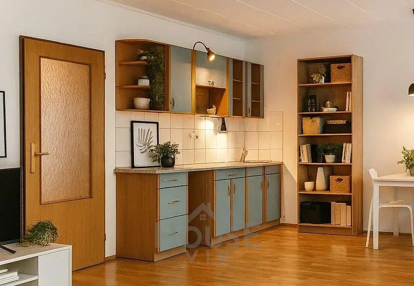 Cozinha; chão de madeira, estilo moderno, luz natural, eletrodomésticos