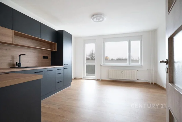 Kuchyně; výhled, dřevěná podlaha, po rekonstrukci, přirozené světlo