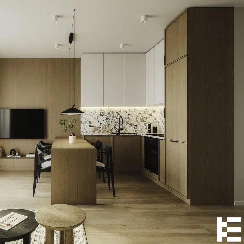 Kuchyně; moderní styl, dřevěná podlaha, přirozené světlo, kuchyňské spotřebiče