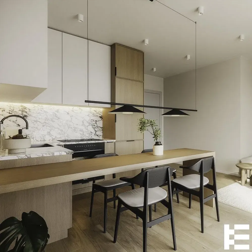 Kuchyně; moderní styl, dřevěná podlaha, přirozené světlo, kuchyňské spotřebiče