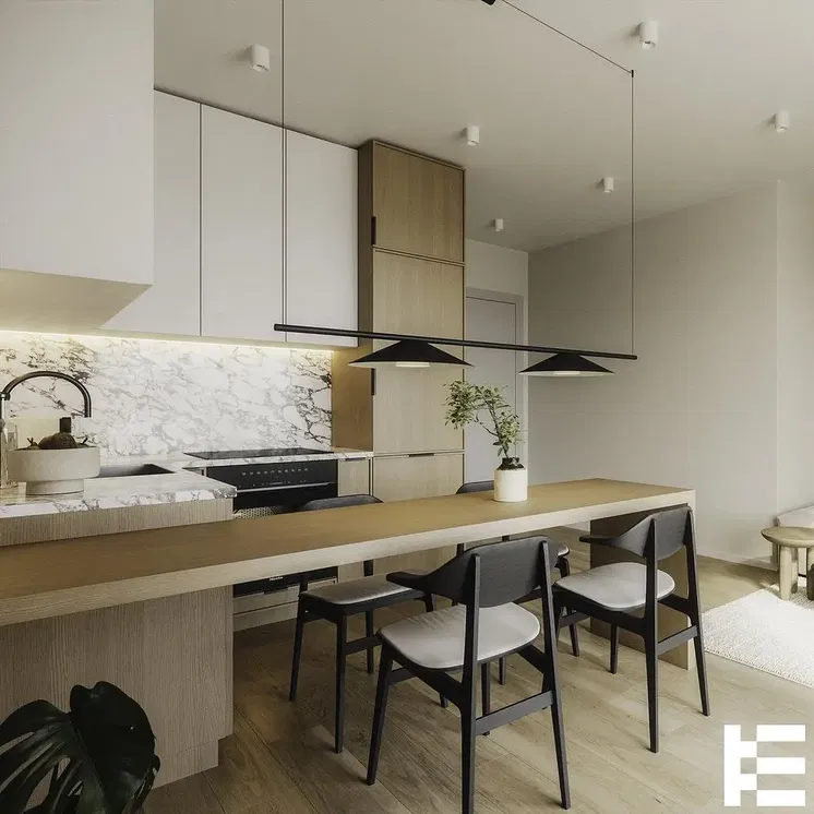 Kuchyně; moderní styl, dřevěná podlaha, přirozené světlo, kuchyňské spotřebiče