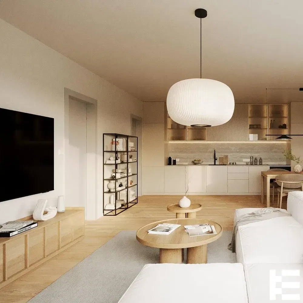 Obývací pokoj; moderní styl, dřevěná podlaha, přirozené světlo, kuchyňské spotřebiče