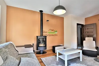 Oturma odası; şömine, ahşap zemin, doğal ışık, modern stil