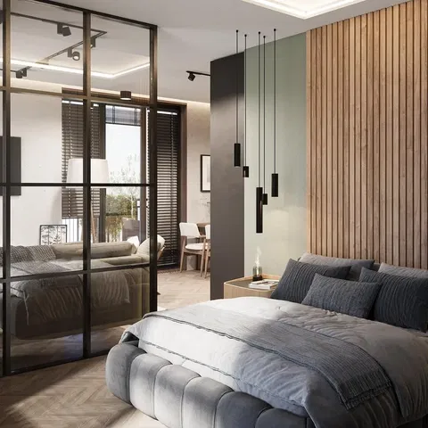 Slaapkamer; houten vloer, natuurlijk licht, moderne stijl