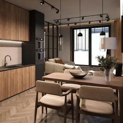 Cuisine; style moderne, parquet, lumière naturelle