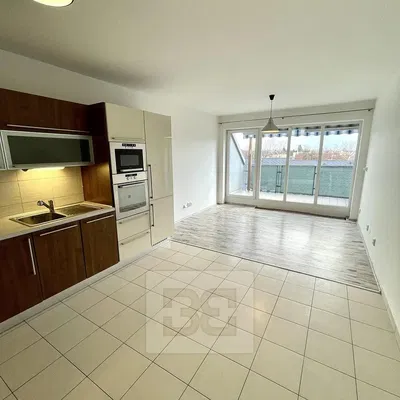 Mutfak; mutfak aletleri, fayans zemin, manzara, doğal ışık