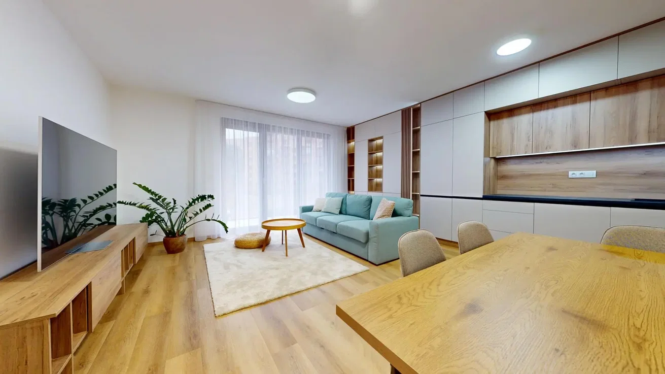 Wohnzimmer; tageslicht, holzboden, moderner stil