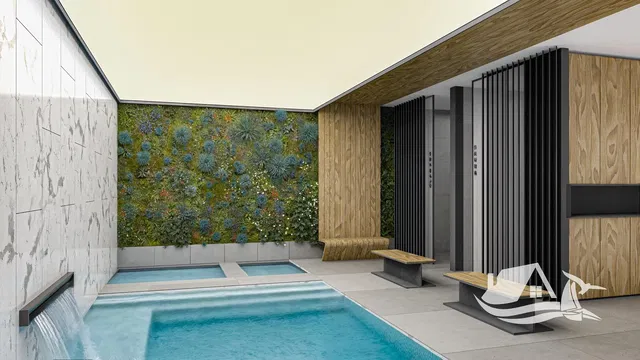 House and surroundings; view, wood beams, wood floor, natural light, modern style