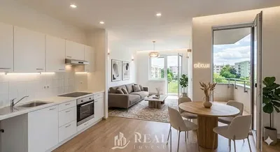 Oturma odası; manzara, mutfak aletleri, doğal ışık, modern stil