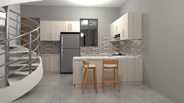 Keuken; keukenapparatuur, tegelvloer