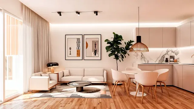 Living room; natural light, wood floor, modern style