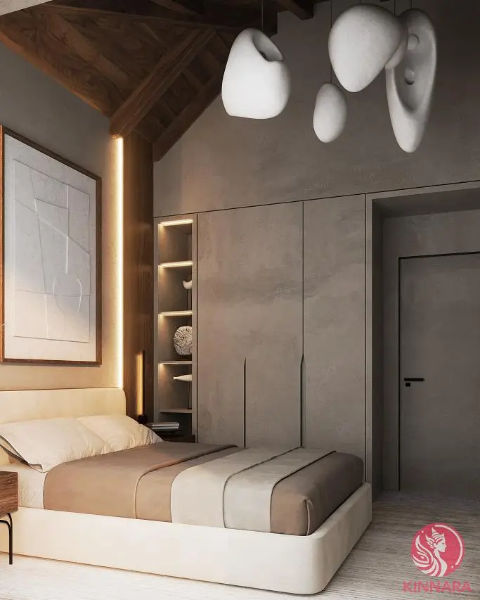 Yatak odası; ahşap kirişler, modern stil, doğal ışık