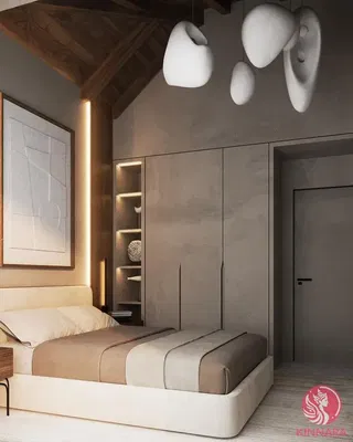 Yatak odası; ahşap kirişler, modern stil, doğal ışık