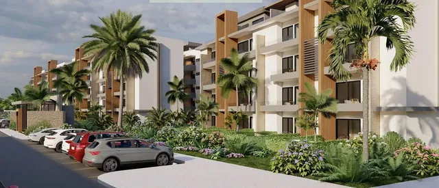 House and surroundings; view