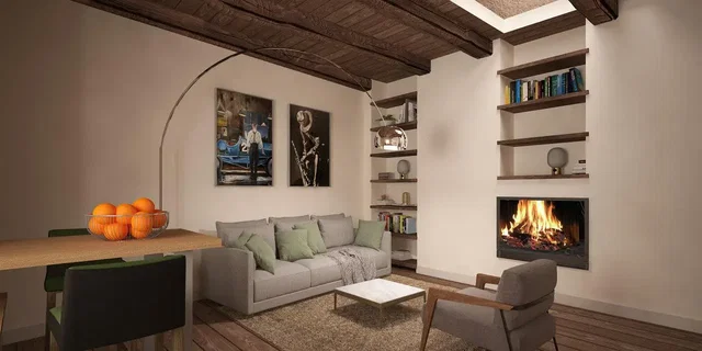 Woonkamer; open haard, houten balken, houten vloer