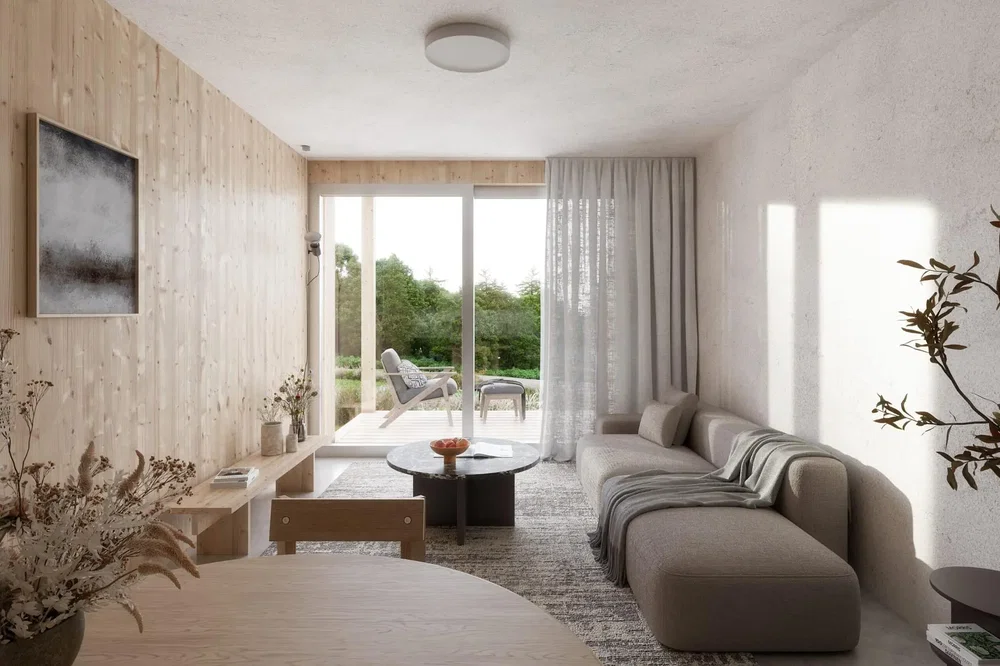 Obývací pokoj; přirozené světlo, moderní styl, výhled