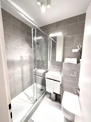 Salle de bain; carrelage, lumière naturelle, rénové