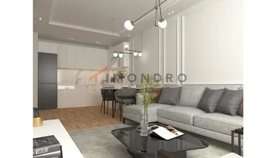 Obývací pokoj; moderní styl, dřevěná podlaha, přirozené světlo, kuchyňské spotřebiče