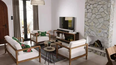 Salon; cheminée, lumière naturelle, style moderne, carrelage, poutres en bois