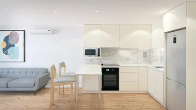 Cucina; elettrodomestici, pavimento in legno, luce naturale, stile moderno