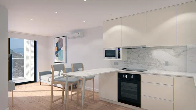 Cucina; vista, elettrodomestici, luce naturale, pavimento in legno, stile moderno