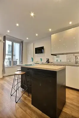 Küche; blick, holzboden, tageslicht, moderner stil