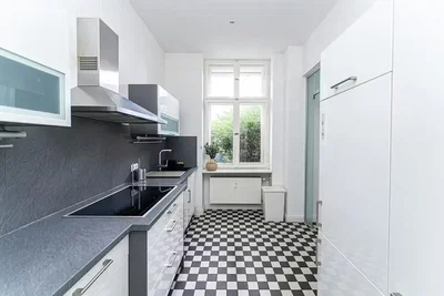 Kuhinja; kuhinjski aparati, pogled, pločice, prirodno svjetlo, moderni stil