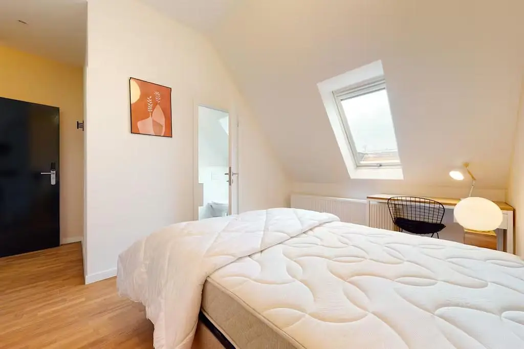 Camera da letto; luce naturale, pavimento in legno, stile moderno