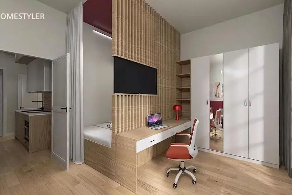 Ložnice; moderní styl, dřevěná podlaha, přirozené světlo